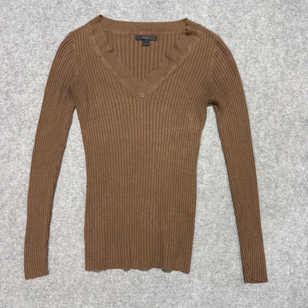 Express Womens Brown Ribbed V-Neck Long Sleeve Knit Sweater Size L